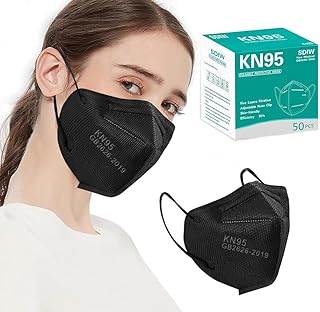 50PCS KN95 Face Masks Black 5 Layer Cup Dust Safety Filter Efficiency≥95% with Elastic Ear Loops and Nose Bridge Clip Breathable Mask
