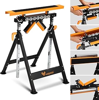 4 in 1 Roller Stand, Stable 440 Lbs Load Capacity with Saw Horses, V-Shaped, Multi-Directional Rollers & Outfeed Roller, Adjustable Height 33”- 50”, Folding for Woodworking