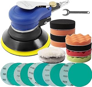 5 inch Air Random Orbital Sander for Auto Body Work, Pneumatic Palm Sander with 10 Polishing Sponge & Wool Pads, 10 Sandpapers (5 Inch Kit)