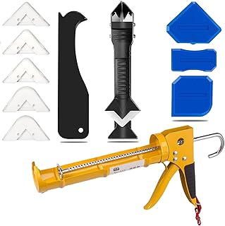 Caulk Gun Kit for 10oz Caulk Tubes – Silicone Caulking Gun, Caulk Remover, Sealant Finishing Tool & Grout Scraper – 10:1 Thrust Ratio for Precision Home and Outdoor Repairs