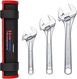 Hitork 3-Piece Adjustable Wrench Set 6-Inch, 8-Inch, 10-Inch, Chrome-Plated Cr-V Steel, Wide Opening Jaws, Laser Etched SAE & Metric Scale, Polished Head, Smooth Knurl, Roll Pouch Included