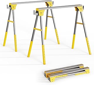 Adjustable Height Sawhorse 2 Pack, Folding Portable Saw Horses with 30-34 inch Adjustable Legs, Heavy Duty Steel Pro Bench Saw Horse for Woodworking, Carpenters, Contractors, Fully Assembled (yellow)