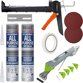 Caulking Tool Kit, Caulking Gun, 2 White/Clear Silicone Sealant with Gun - All-Purpose 100% Silicone Caulk (20 oz Tube), and 5 in 1 Scraper/Smoothing Tool, Sandpaper, Gloves and Masking Tape
