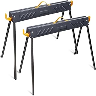 FORUP 2 Pack Heavy Duty Folding Portable Saw Horses Table, 1322 Lbs Load Capacity Metal Saw Horse with Fast Open Legs and Easy Grip Handle for Woodworking, Dark Grey & Yellow