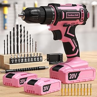 Pink Cordless Drill Set, Double 2000mAh Power Pack Electric Power Drill for Women, 20V Lightweight Electric Screwdriver Driver with Power Pack & Charger, 3/8" Keyless Chuck, Womens Tool Kit for House