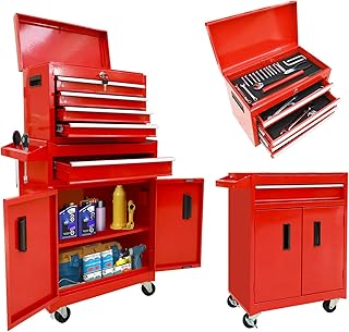 Torin 5-Drawer Rolling Tool Chest: Metal Tool Box with Wheels, Removable Top Tool Box, Liner, Adjustable Shelf and Locking Mechanism for Garage Workshop,Red