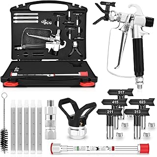 14 Pcs Airless Paint Sprayer Gun Set with Tip Guard, 5 Spray Gun Filter, 5 Spray Tips, 1 Extension Poles and Storage Box, Suitable for Furniture, Roof, Fences(211,313,415,517,623)