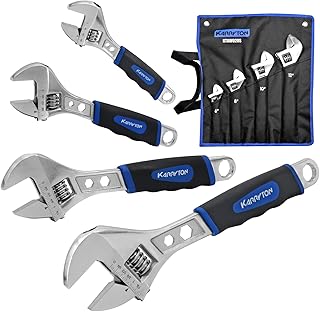 Adjustable Wrench Set (6" 8" 10" 12"), 3-in-1 Spanner Wrench w/Box End/Hex Function, Scales Metric and SAE, Drop Forged CR-V Steel, Chrome Plated, Ergonomic Soft Grip, Hanging/Rolling Bag