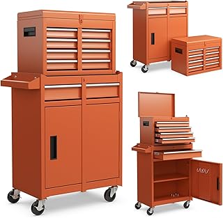 Goplus Rolling Tool Chest, 5-Drawer Tool Box Organizer w/Lockable Wheels & Sliding Drawers & Detachable Top & Adjustable Shelf, Tool Storage Cabinet for Garage Workshop (Orange)