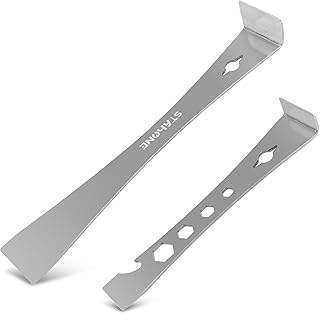 2-Piece Stainless Steel Pry Bar Scraper Set - 9-1/2" Flat Pry Bar and 6-11/16" Mini Crowbar with Socket Wrench, Bottle Opener, Molding, Nail Puller, Scraper and Baseboard Removal Tool