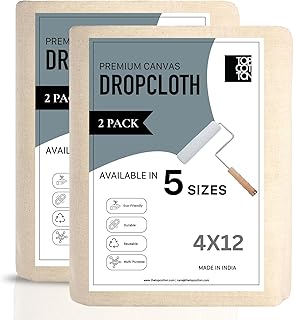 Top Cotton Canvas Drop Cloth 2Pcs, Reusable Paint Drop Cloth, 100% Recycled Cotton Canvas Tarp Cover for Painter, Furniture, Floor Protection, All Purpose Painters Dropcloth for Christmas DIY (4X12FT)