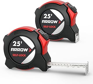 Arrow 25FT Auto-Lock Tape Measure, 2PCS Easy Read Measuring Tape with Fractions 1/8″, Double Sided Measurement Tape with 1″ Blade, Belt Clip, Dual-End Metal Hook, and Rubber Protective Casing