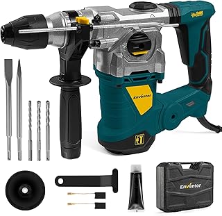 Enventor 1-1/4 Inch SDS-Plus 13A Heavy Duty Rotary Hammer Drill for Concrete Stone, Safety Clutch Electric Demolition Hammer Drill with 4 Functions, Vibration Control, Chisels, Drill Bits, Blue
