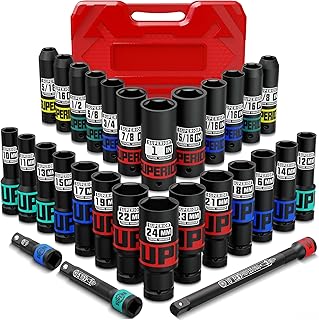30 Piece 1/2" Drive Impact Socket Set, SAE (5/16"- 1") and Metric (10mm-24mm) Deep Socket, Including Impact Extension Bar 3 ", 5", 10", CR-V, Automotive Maintenance, Machinery Manufacturing