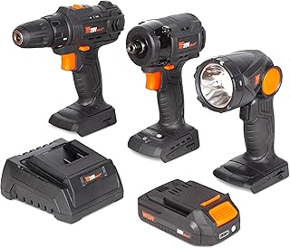 WEN 20V Max Cordless Drill, Brushless Compact Impact Driver, and LED Work Light/Flashlight Combo Kit with 2Ah Battery and Charger (20VK3DDL)