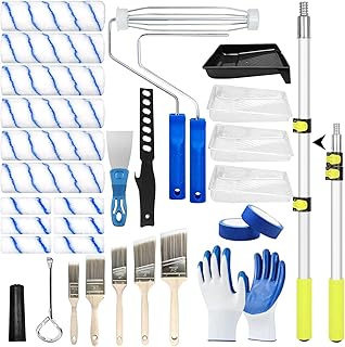 31 PCS Paint Roller Kit with Extension Pole 2 to 4 Ft,9"4"Paint Rollers Covers Frame Tray Painters Tape Professional Long Handle Paint Brush Roller Set for Painting Walls House Corner Stain Concrete