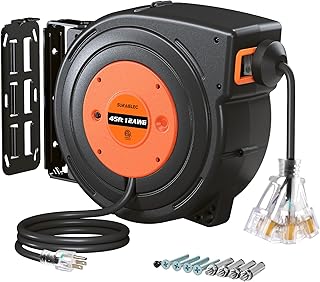 SURAIELEC 12 Gauge Extension Cord Reel, 45 FT Retractable Extension Cord, 12 AWG/3C SJTOW Heavy Duty Power Cord, 15 AMP Circuit Breaker, Lighted Triple Tap, Ceiling or Wall Mount, ETL Listed, Orange