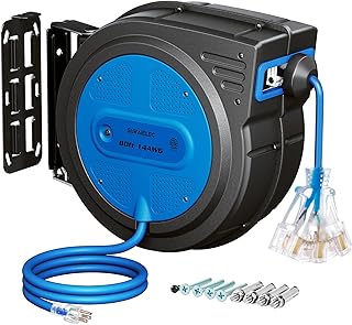 SURAIELEC 80 FT Retractable Extension Cord Reel, 14 AWG SJTOW Power Cord for Garage & Workshop, 10A Circuit Breaker, Wall/Ceiling Mount, Upgraded Anti-Tangle Roller Design, ETL Listed, Blue
