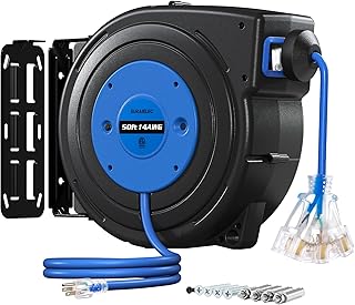 SURAIELEC 50FT Retractable Extension Cord Reel, 14AWG/3C SJTOW Heavy Duty Power Cord with Lighted Triple Tap, 13A Circuit Breaker, Ceiling/Wall Mount for Garage, Shop, Workshop, ETL Listed, Blue