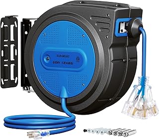 SURAIELEC 12 Gauge Extension Cord Reel, 60 FT Retractable Extension Cord, 12 AWG/3C SJTOW Heavy Duty Power Cord, 13 AMP Circuit Breaker, Lighted Triple Tap, Ceiling or Wall Mount, ETL Listed, Blue
