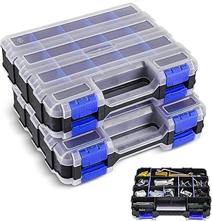NATGAI 2 Pack Small Parts Organizers, 34-Compartments Double-Sided Tool Box with Removable Dividers for Hardware, Screws, Bolts, Nails & Fishing Accessories, Durable Plastic Storage Case (Blue)