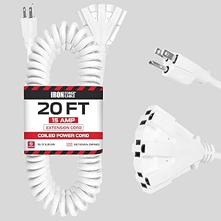 Iron Forge Cable 20 ft White Coiled Extension Cord with Multiple Outlets - 16/3 SJEOW Oil Resistant & Flame Retardant 3 Prong 13 Amp 3 Outlet Coiled Power Cord Pigtail for Indoor or Outdoor Use