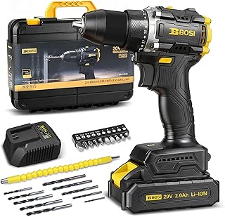 BOSI 20V Cordless Drill Driver Kit with Brushless Motor, 90Nm Max Torque, 2.0Ah Battery & Fast Charger, 20+1 Speed Control for Concrete/Metal/Wood, Electric Drill for Construction & DIY