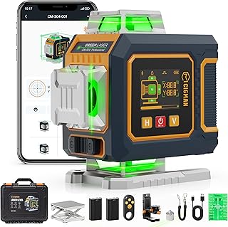 CIGMAN 16 Lines Green Laser Level 4×360° Self Leveling, Side LCD, Bluetooth App Remote, Pulse Mode for Receiver, 2×Li-ion (USB-C), Liftable Stand, 1/4" Mount, IP54, ABS Hard Case – S04
