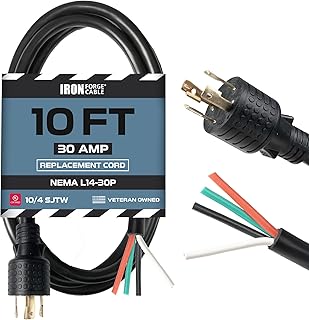 Iron Forge Cable 30 Amp Generator Replacement Cord 10 ft - NEMA L14-30P 30 Amp RV Plug, Heavy Duty 10 Gauge SJTW Twist Lock Power Cord 4 Prong