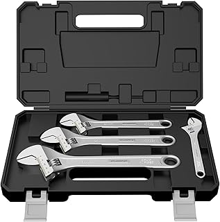 4-Piece Adjustable Wrench Sets (6, 8, 10, 12 Inch) with Industrial Grade Heavy Duty Design and Wide Opening Capacity. Forged from Chrome Vanadium Steel for Extreme Durability, Chrome Plating