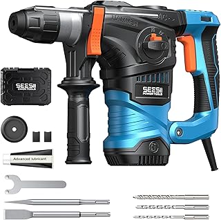 Seesii Heavy Duty Rotary Hammer: 13 Amp 1-1/4" SDS-Plus Demolition Hammer Drill for Concrete, Brick & Stone, 6J Power with 4 Functions, Safety Clutch & Anti-Vibration, Drill Bits and Chisels Included