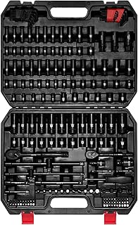 EMENTOL 189-Piece Impact Socket Set, 1/4" & 3/8" Drive Metric and SAE Sizes, CR-V Steel, Includes Deep & Shallow Sockets, Ratchets, Bits, Extensions, Spark Plug Socket & More, with Plastic Tool Case