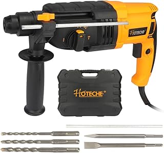 Hoteche 5.17 Amp SDS-Plus Rotary Hammer Drill, 4-Function 24mm (15/16") – 2.6J Impact Energy, 0–4850 BPM, Variable Speed – 6 Drill Bits, 2 Chisels, UL Plug, Carrying Case – For Concrete, Wood, Steel