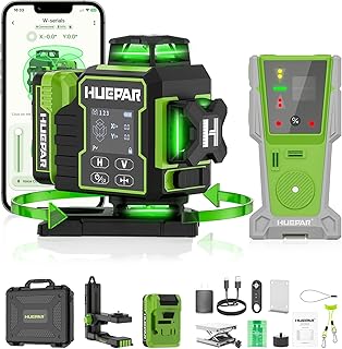 Huepar W04CG 4D Laser Level with Receiver for Outdoor or Longer Distance Use, Up to 400 ft, 4x360° Self Leveling Green Lazer Leveler Tool for Construction, Tiling, Framing, Drop Ceiling, Floor etc.