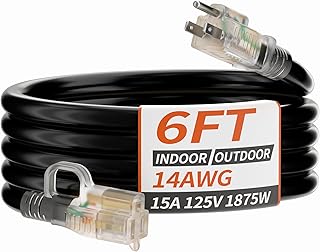 14/3 Gauge Black Outdoor Extension Cord 6 ft Waterproof with Lighted Indicator, Cold Weatherproof -40°C, Flexible 3 Prong Extension Cord Outside,15A 1875W 14AWG SJTW, ETL Listed