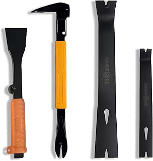 MANUFORE 4pcs Pry Bar Nail Puller Set, 12” Flat Pry Bar, 7.5” Flat Pry Bar, 12” Crow Bar with Hammer, 9” Chisel (Orange)