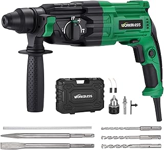 1 Inch SDS-Plus Rotary Hammer Drill, 8Amp, 3.0J 4 Functions Variable Speed Hammer Drill with Safety Clutch for Concrete Demolition Chipping,3 Drill Bits, 2 Chisels, 1 Adapter