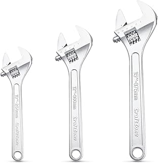 Adjustable Wrench Set, 3pc Wrench Set with SAE and Metric Scales, Heat-Treated Carbon Steel with Chrome Plated, Wide Jaw Wrenches for Home, Plumbing, Garage (10, 12, 15 Inch)