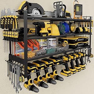 Power Tool Organizer Wall Mount, 4-Tier Tool Storage Rack with 8 Drill Holders, 400LBS Load Heavy Duty Cordless Tool Shelf for Garage Organization, Gift for Men