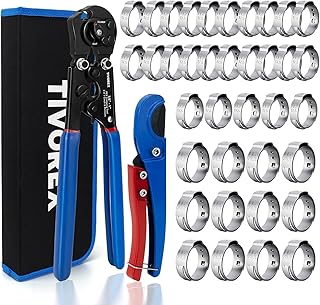 PEX Crimping Tool Kit, 2 in 1 Ratchet Pex Clamp Tool with Cinch & Removal Function for 3/8" to 1" Stainless Steel Clamps, with PEX Cutter and Clamps (1/2" 25PCS, 3/4" 12PCS)