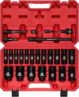 CASOMAN 25 PCS 1/2" Drive Deep Impact Socket Set with Case, 6 Point, 3/8" - 1-1/2", SAE, Include Extension Bars, Socket Adapter, Drill Adapter and Universal Joint