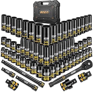 BOEN 1/2" Drive Impact Socket Set, 65-Piece Standard SAE (3/8" to 1-1/4") & Metric (10mm-24mm) Deep & Shallow Socket with Paint-Filled Markings, Includes Extensions, Ratchet, Adapter & Universal Joint