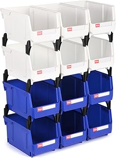 Stackable Storage Bins 12 Pack (7x5x4 Inch), Plastic Stackable Storage Organizer Bins Wall Mounted Hanging Small Parts Bin for Garage, Workbench & Office (Blue & White)