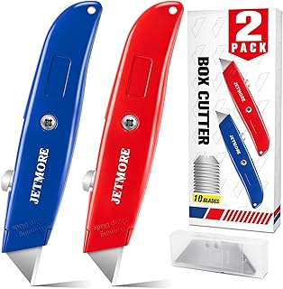 2 Pack Box Cutter Retractable, Utility Knife with 10 Extra Blades, Heavy Duty Box Cutters, All Metal Razor Knife Box Opener, Box Knife for Cardboard, Boxes, Cartons, Drywall, Package Opener