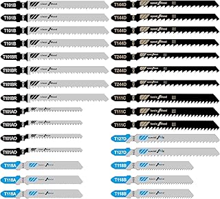 30PCS Jigsaw Blades Set, Assorted T-Shank Jig Saw Blades for Wood, Metal & Plastic Cutting(T101AO, T101B, T101BR, T118A, T118B, T144D, T244D, T111C, T127D)