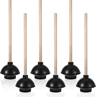 SHENLIU 6 Pack Toilet Plungers for Bathroom, Heavy Duty Rubber Toilet Plunger with Long Wooden Handle Black Double Thrust Suction Cup Clog Remover for Bathroom Toilets