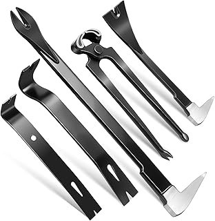 Pry Bar Set, 5 Pcs Utility Prybars Set with 12"＆8" Nail Puller, 7"＆9" Flat Pry Bar, 8" End Cutting Pliers, Carbon Steel Nail Puller Tool, Heavy Duty Crowbar Tool for Prying, Lifting, Pulling, Scraping