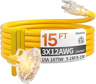 15ft 12 Gauge Heavy Duty 3 Outlet Extension Cord Splitter with Indicator, Waterproof Outdoor Extension Cord with Multiple Outlets, 15A 1875W for Garden, ETL Listed, Flexible Yellow SJTW