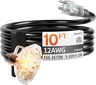 10 ft 12 Gauge 3 Outlet Extension Cord Splitter with Indicator, Waterproof Indoor/Outdoor Extension Cord with Multiple Outlets, 15A 1875W for Home & Workshop, ETL Listed, Flexible Black SJTW