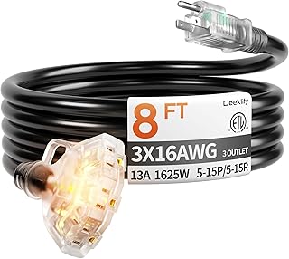 8 ft 16/3 awg 3 Outlet Extension Cord Splitter with Indicator, Waterproof Indoor/Outdoor Extension Cord with Multiple Outlets, 13A 1625W for Home & Workshop, ETL Listed, Flexible Black SJTW